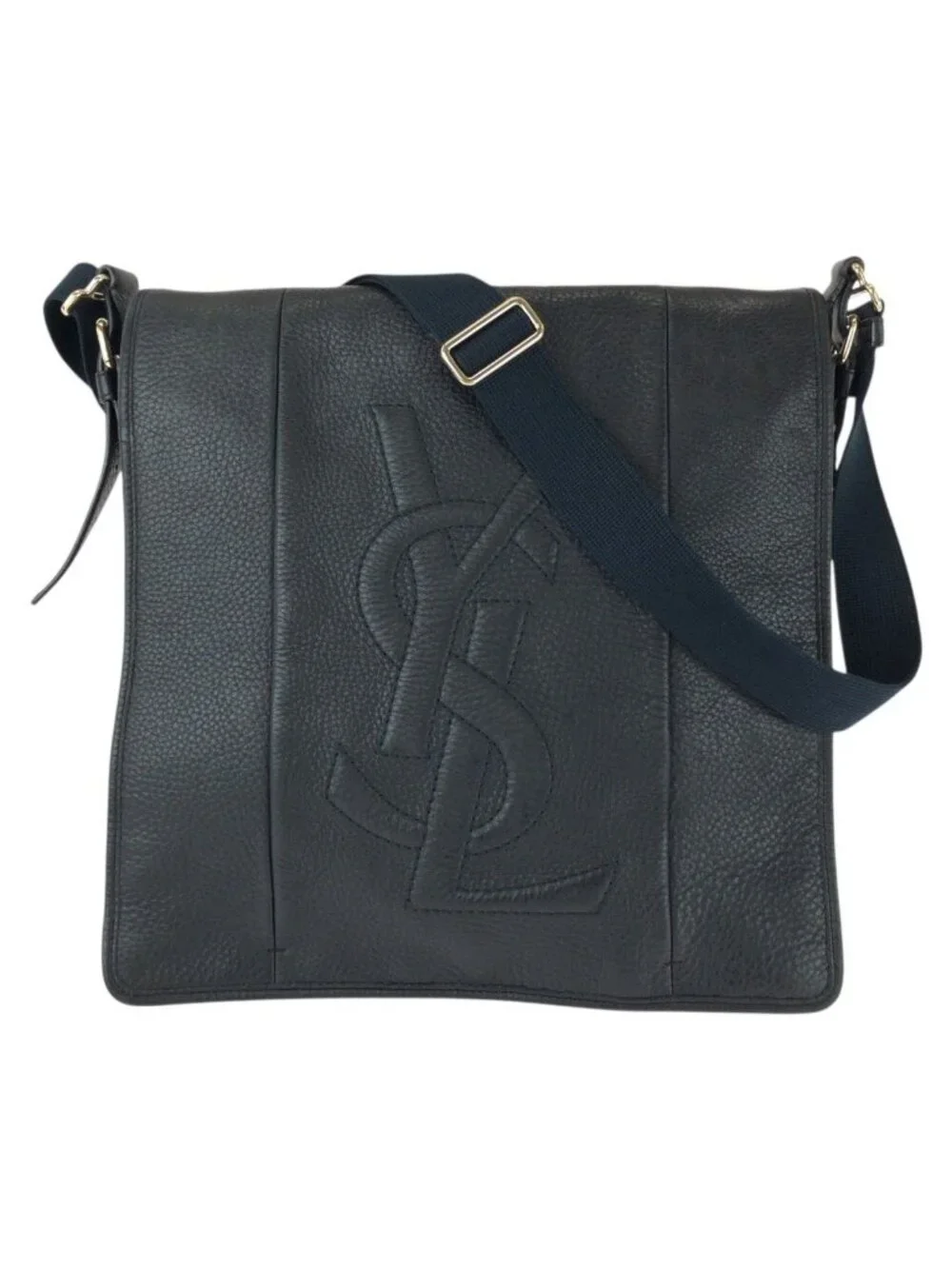 Saint Laurent Vintage YSL Black Navy Gold Leather Shoulder Bag